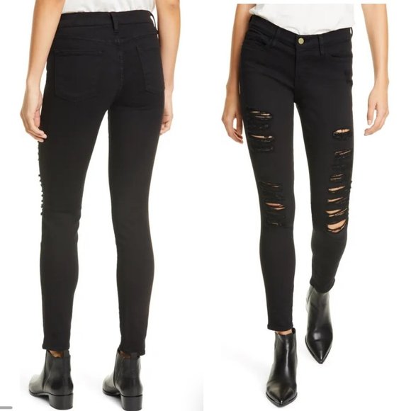 Frame Skinny Jeans Womens Sz 27 Black Le Color Ripped Skinny Shredded Distressed - Picture 12 of 12
